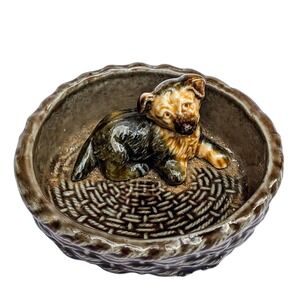 Vintage Wade England Whimsie German Shepherd Puppy in Basket Porcelain Figurine